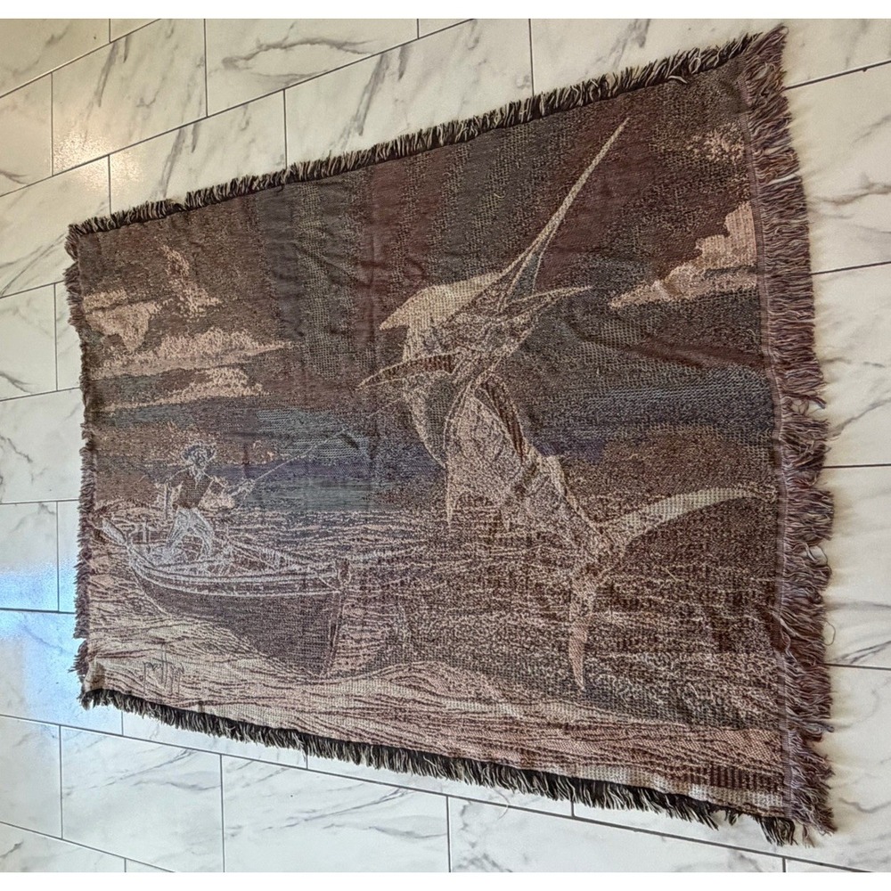 Rare Guy Harvey Marlin Fisherman Woven Throw Blanket Fringe Tapestry Apprx 70x50 - Picture 5 of 5